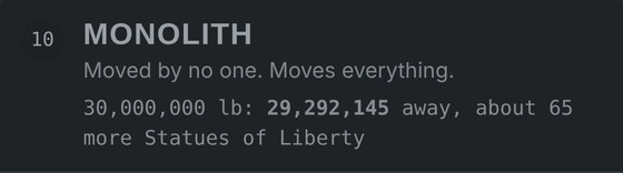 The Monolith tier, locked, needing thirty million pounds, shown as about 65 more Statues of Liberty away.